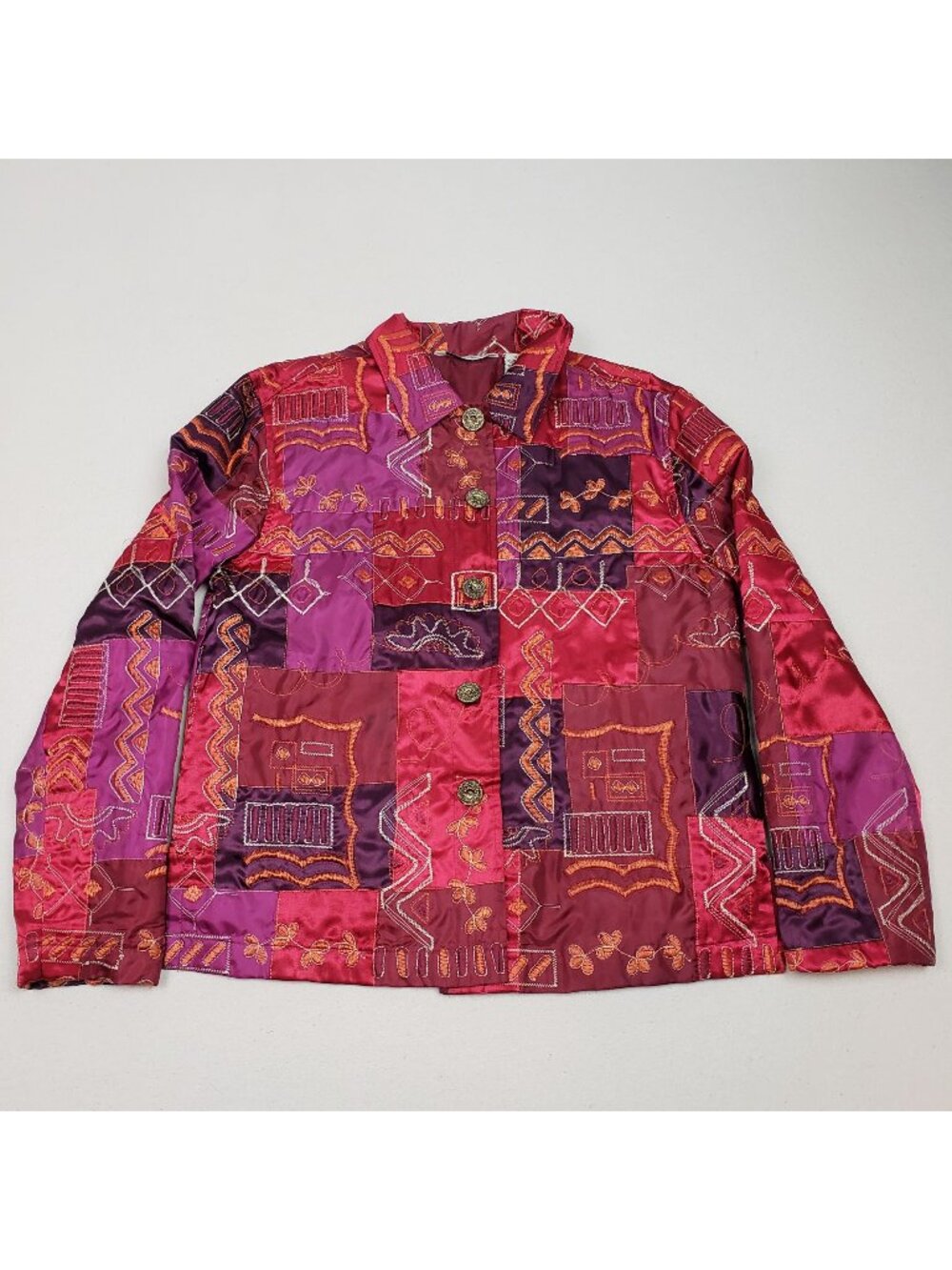 French Laundry Women's Red Quilted Embroidered Button-Up Patchwork Jacket Sz S